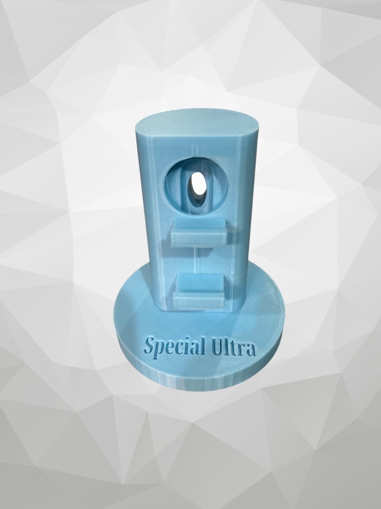 A light blue watch stand on a round base with two brackets stacked on the column and text on the base