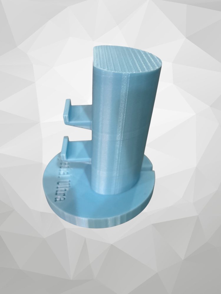 The same light blue stand seen from the side, showing the two brackets